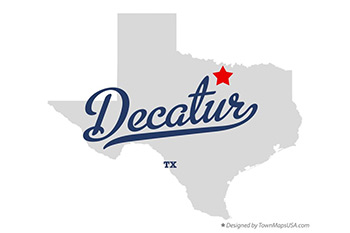 Icon of the state of Texas with a red star where Decatur is located.